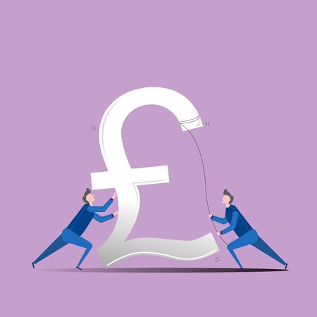 Illustration of a falling currency, and two men trying to stabilise it. Devaluation of sterling pounds during financial crisis.のイラスト素材