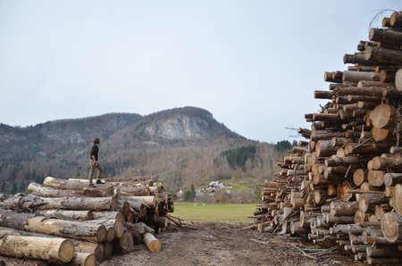 An Caucasian man standing up on the timber logs and overlooking the mountain view at outskirt of...