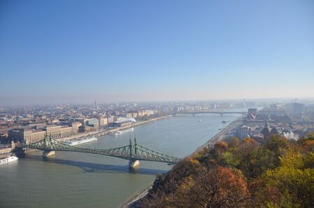 View of the Liberty bridge at Budapest, Hungary during afternoon sunny time.の写真素材