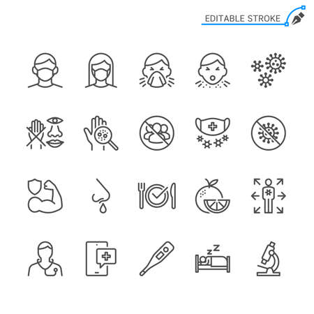 Cold and flu prevention line icons. Editable stroke. Pixel perfect.のイラスト素材
