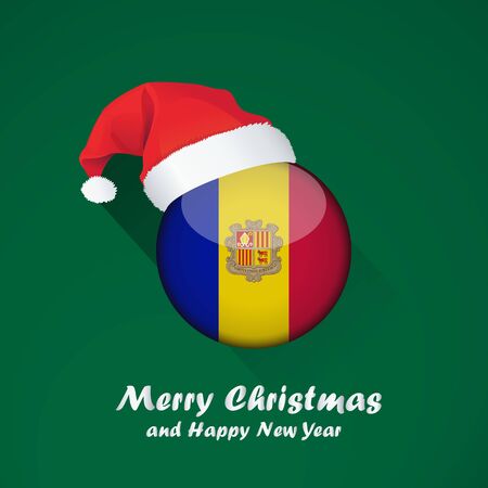 Flag of andorra. Merry Christmas and happy new year background design with glossy round Flag of andorra. vector illustration.のイラスト素材
