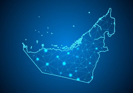 Abstract mash line and point scales on dark background with Map of united Arab Emirates. Wire frame 3D mesh polygonal network line, design sphere, dot and structure. communications map of united Arab Emirates.Vector illustrationのイラスト素材