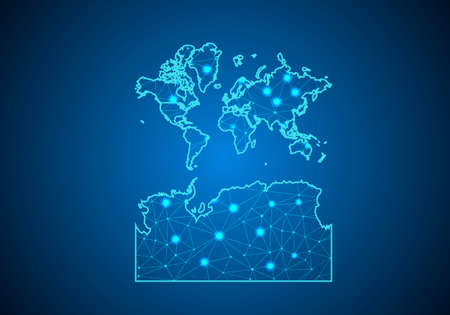 Abstract mash line and point scales on dark background with Map of World With Antarctica. Wire frame 3D mesh polygonal network line, design sphere, dot and structure. communications map of . Vector.のイラスト素材
