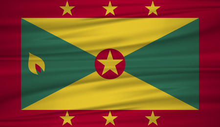 Grenada flag vector. Vector flag of Grenada blowig in the wind. Flag of Grenada waving in the wind on silk background.のイラスト素材