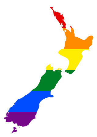 LGBT flag map of New Zealand. Vector rainbow map of New Zealand in colors of LGBT (lesbian, gay, bisexual, and transgender) pride flag.のイラスト素材