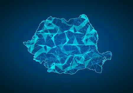 Abstract mash line and point scales on dark background with map of romania. Abstract network vector concept of romania. Internet and connection map background. Triangle, dot ,line Vector.のイラスト素材