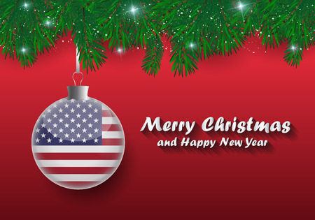 Vector border of Christmas tree branches and ball with USA flag. Merry christmas and happy new year.のイラスト素材