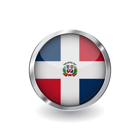 Flag of dominican republic, button with metal frame and shadow. dominican republic flag vector icon, badge with glossy effect and metallic border. Realistic vector illustration on white background.のイラスト素材