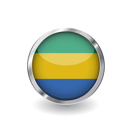 Flag of gabon, button with metal frame and shadow. gabon flag vector icon, badge with glossy effect and metallic border. Realistic vector illustration on white background.のイラスト素材