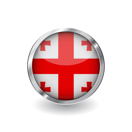 Flag of georgia, button with metal frame and shadow. georgia flag vector icon, badge with glossy effect and metallic border. Realistic vector illustration on white background.のイラスト素材