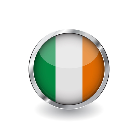 Flag of ireland, button with metal frame and shadow. ireland flag vector icon, badge with glossy effect and metallic border. Realistic vector illustration on white background.のイラスト素材