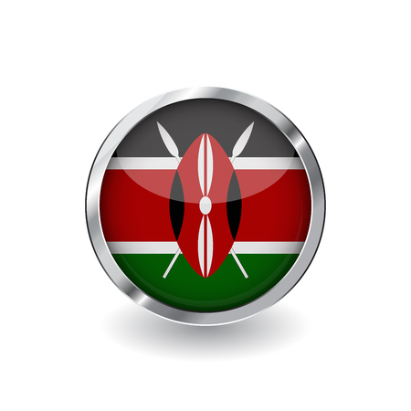 Flag of kenya, button with metal frame and shadow. kenya flag vector icon, badge with glossy effect and metallic border. Realistic vector illustration on white background.のイラスト素材