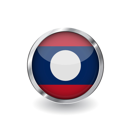 Flag of laos, button with metal frame and shadow. laos flag vector icon, badge with glossy effect and metallic border. Realistic vector illustration on white background.のイラスト素材
