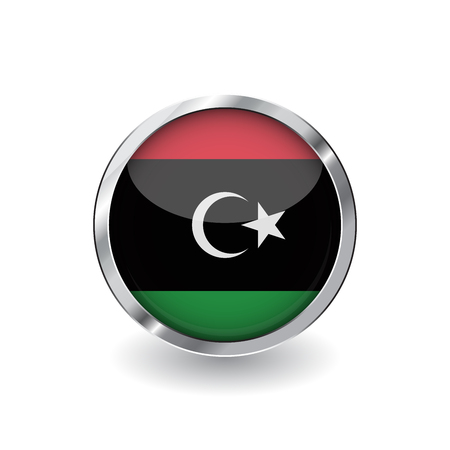Flag of libya, button with metal frame and shadow. libya flag vector icon, badge with glossy effect and metallic border. Realistic vector illustration on white background.のイラスト素材