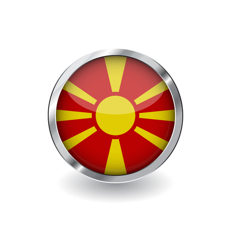 Flag of macedonia, button with metal frame and shadow. macedonia flag vector icon, badge with glossy effect and metallic border. Realistic vector illustration on white background.のイラスト素材