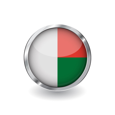 Flag of madagascar, button with metal frame and shadow. madagascar flag vector icon, badge with glossy effect and metallic border. Realistic vector illustration on white background.のイラスト素材