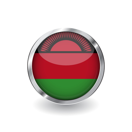 Flag of malawi, button with metal frame and shadow. malawi flag vector icon, badge with glossy effect and metallic border. Realistic vector illustration on white background.のイラスト素材