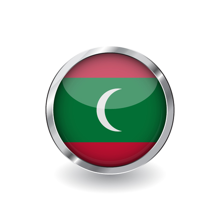 Flag of maldives, button with metal frame and shadow. maldives flag vector icon, badge with glossy effect and metallic border. Realistic vector illustration on white background.のイラスト素材