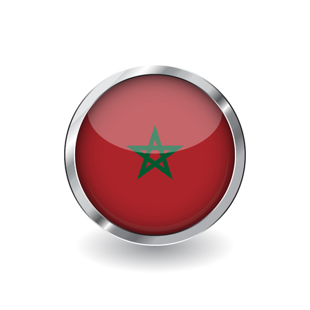 Flag of morocco, button with metal frame and shadow. morocco flag vector icon, badge with glossy effect and metallic border. Realistic vector illustration on white background.のイラスト素材
