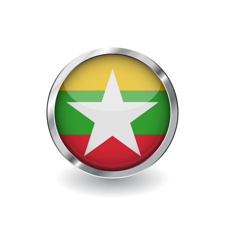 Flag of myanmar, button with metal frame and shadow. myanmar flag vector icon, badge with glossy effect and metallic border. Realistic vector illustration on white background.のイラスト素材