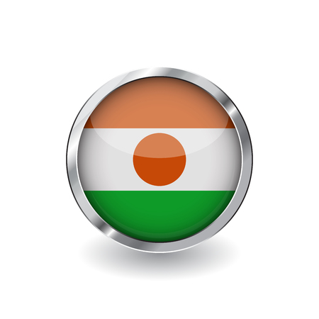 Flag of niger, button with metal frame and shadow. niger flag vector icon, badge with glossy effect and metallic border. Realistic vector illustration on white background.のイラスト素材