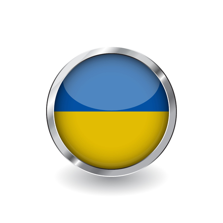 Flag of ukraine, button with metal frame and shadow. ukraine flag vector icon, badge with glossy effect and metallic border. Realistic vector illustration on white background.のイラスト素材