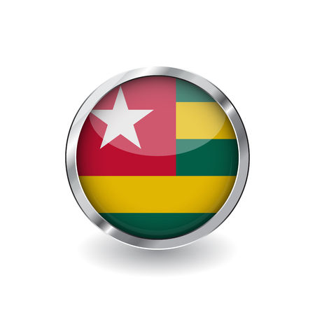 Flag of togo, button with metal frame and shadow. togo flag vector icon, badge with glossy effect and metallic border. Realistic vector illustration on white background.のイラスト素材