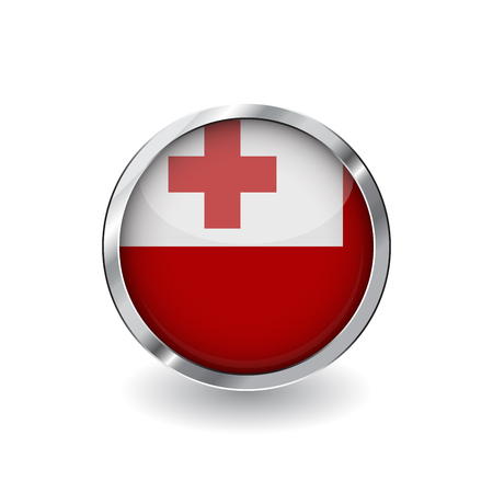Flag of tonga, button with metal frame and shadow. tonga flag vector icon, badge with glossy effect and metallic border. Realistic vector illustration on white background.のイラスト素材