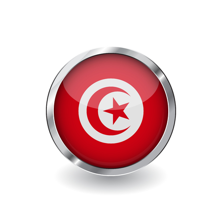Flag of tunisia, button with metal frame and shadow. tunisia flag vector icon, badge with glossy effect and metallic border. Realistic vector illustration on white background.のイラスト素材