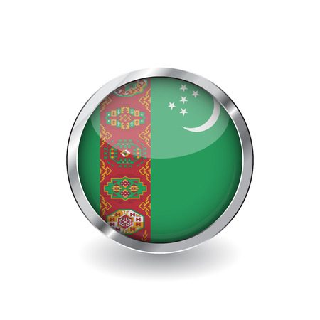 Flag of turkmenistan, button with metal frame and shadow. turkmenistan flag vector icon, badge with glossy effect and metallic border. Realistic vector illustration on white background.のイラスト素材