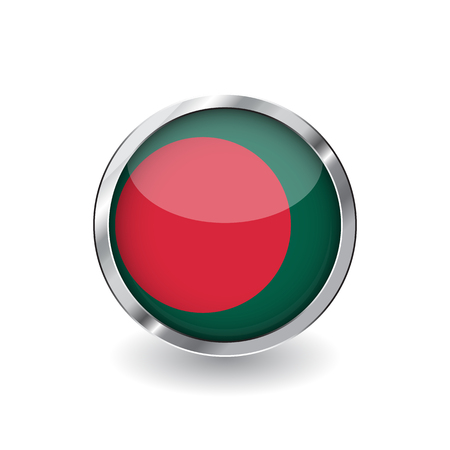 Flag of bangladesh, button with metal frame and shadow. bangladesh flag vector icon, badge with glossy effect and metallic border. Realistic vector illustration on white background.のイラスト素材