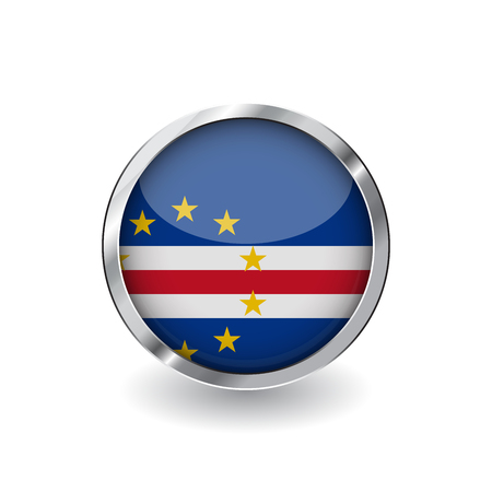 Flag of cape verde, button with metal frame and shadow. cape verde flag vector icon, badge with glossy effect and metallic border. Realistic vector illustration on white background.のイラスト素材