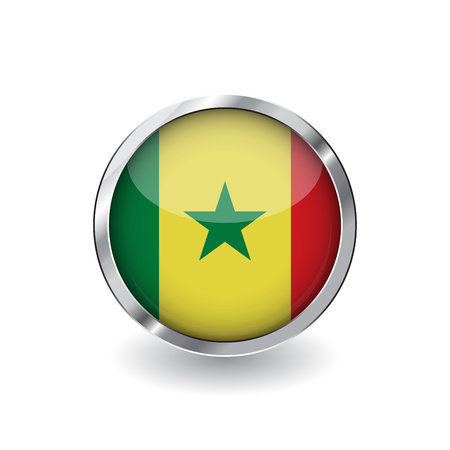 Flag of senegal, button with metal frame and shadow. senegal flag vector icon, badge with glossy effect and metallic border. Realistic vector illustration on white background.のイラスト素材