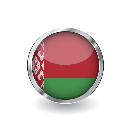 Flag of belarus, button with metal frame and shadow. belarus flag vector icon, badge with glossy effect and metallic border. Realistic vector illustration on white background.のイラスト素材