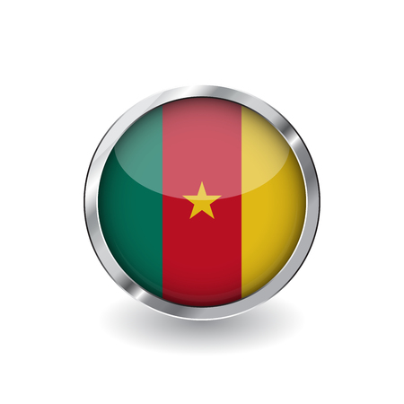Flag of cameroon, button with metal frame and shadow. cameroon flag vector icon, badge with glossy effect and metallic border. Realistic vector illustration on white background.のイラスト素材