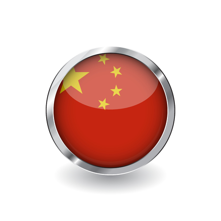 Flag of china, button with metal frame and shadow. china flag vector icon, badge with glossy effect and metallic border. Realistic vector illustration on white background.のイラスト素材