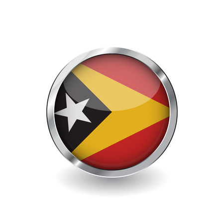 Flag of east timor, button with metal frame and shadow. east timor flag vector icon, badge with glossy effect and metallic border. Realistic vector illustration on white background.のイラスト素材