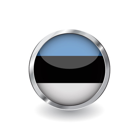 Flag of estonia, button with metal frame and shadow. estonia flag vector icon, badge with glossy effect and metallic border. Realistic vector illustration on white background.のイラスト素材