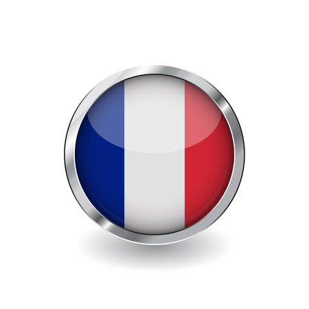 Flag of france, button with metal frame and shadow. france flag vector icon, badge with glossy effect and metallic border. Realistic vector illustration on white background.のイラスト素材
