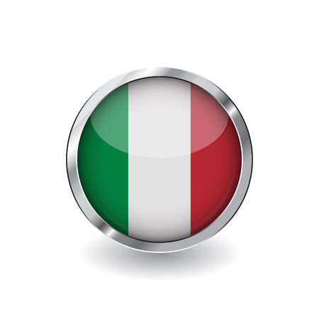 Flag of italy, button with metal frame and shadow. italy flag vector icon, badge with glossy effect and metallic border. Realistic vector illustration on white background.のイラスト素材