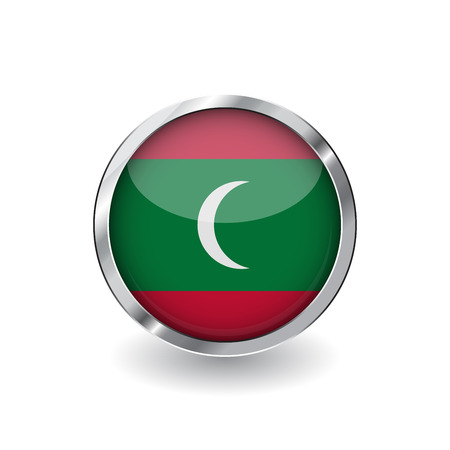 Flag of maldives, button with metal frame and shadow. maldives flag vector icon, badge with glossy effect and metallic border. Realistic vector illustration on white background.のイラスト素材