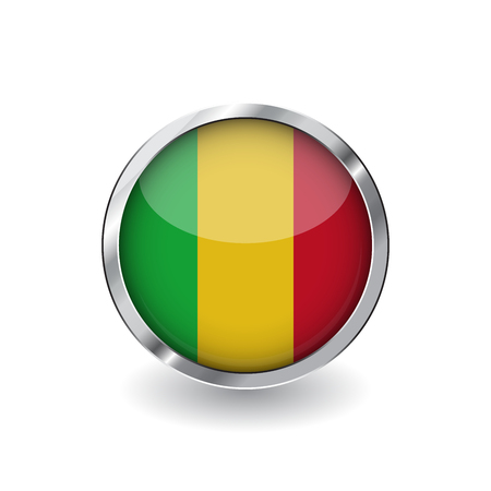 Flag of mali, button with metal frame and shadow. mali flag vector icon, badge with glossy effect and metallic border. Realistic vector illustration on white background.のイラスト素材