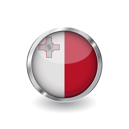 Flag of malta, button with metal frame and shadow. malta flag vector icon, badge with glossy effect and metallic border. Realistic vector illustration on white background.のイラスト素材