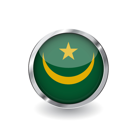 Flag of mauritania, button with metal frame and shadow. mauritania flag vector icon, badge with glossy effect and metallic border. Realistic vector illustration on white background.のイラスト素材