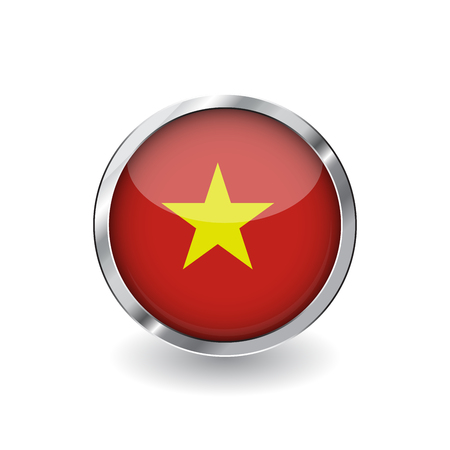 Flag of vietnam, button with metal frame and shadow. vietnam flag vector icon, badge with glossy effect and metallic border. Realistic vector illustration on white background.のイラスト素材