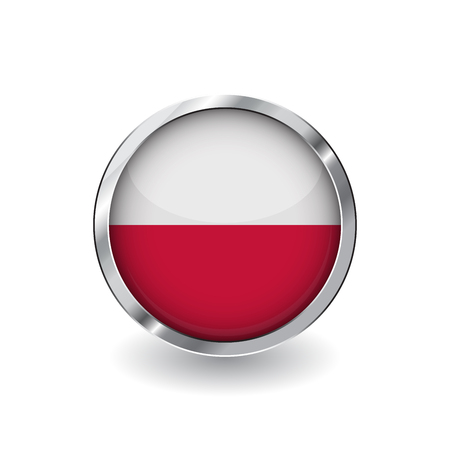 Flag of poland, button with metal frame and shadow. poland flag vector icon, badge with glossy effect and metallic border. Realistic vector illustration on white background.のイラスト素材
