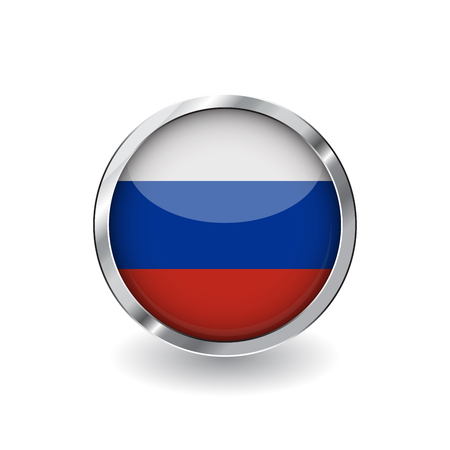 Flag of russia, button with metal frame and shadow. russia flag vector icon, badge with glossy effect and metallic border. Realistic vector illustration on white background.のイラスト素材