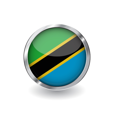 Flag of tanzania, button with metal frame and shadow. tanzania flag vector icon, badge with glossy effect and metallic border. Realistic vector illustration on white background.のイラスト素材