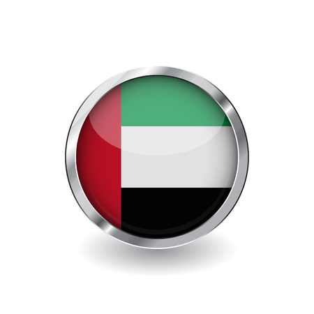 Flag of united arab emirates, button with metal frame and shadow. united arab emirates flag vector icon, badge with glossy effect and metallic border. Realistic vector illustration on white background.のイラスト素材