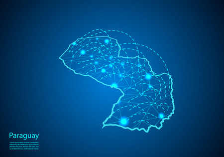 paraguay map with nodes linked by lines. concept of global communication and business. Dark paraguay map created from white dots with travel locations or internet connection.のイラスト素材